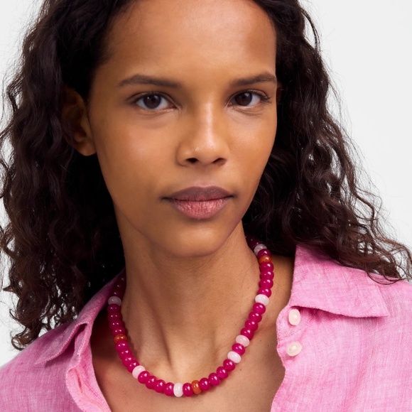 Madewell Semiprecious Chunky Beaded Choker Necklace Pink Brass NWT - Picture 2 of 4